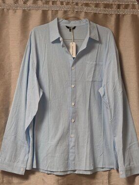 Ouku Mens Cotton Linen Pullover Long Sleeve Ice Blue Shirt Size 2XL, NWT